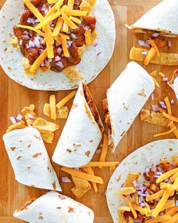 overhead view of homemade Sonic Frito Chili Cheese Wrap and Fritos