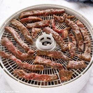 teriyaki marinated beef strips in a food dehydrator