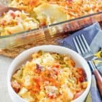 cheesy scalloped potatoes and ham casserole in a baking dish and bowl