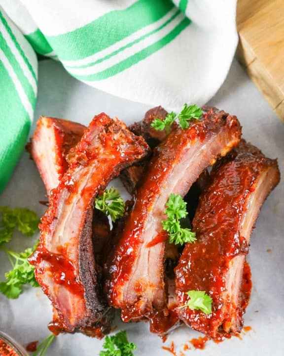 overhead view of a pile of homemade Chili's baby back ribs