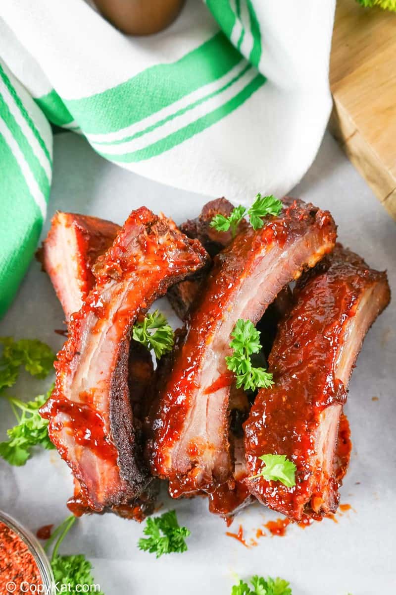 overhead view of a pile of homemade Chili's baby back ribs