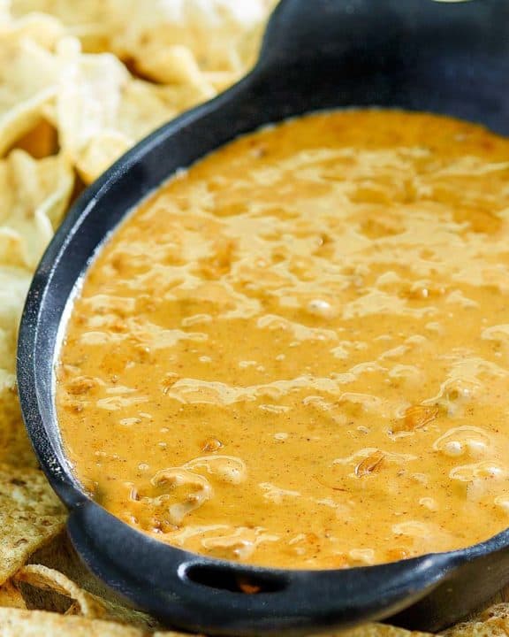skillet chili con queso and tortilla chips