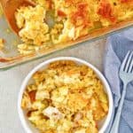overhead view of homemade Cracker Barrel chicken casserole in a bowl and baking dish