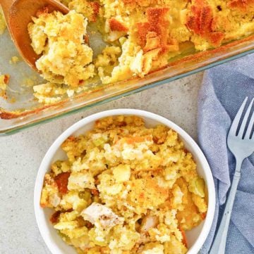 overhead view of homemade Cracker Barrel chicken casserole in a bowl and baking dish