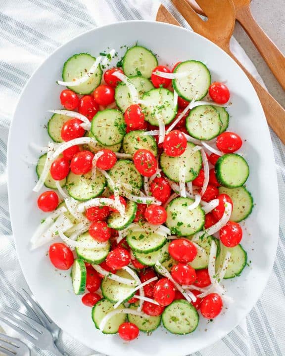 overhead view of homemade Cracker Barrel Cucumber Tomato and Onion Salad