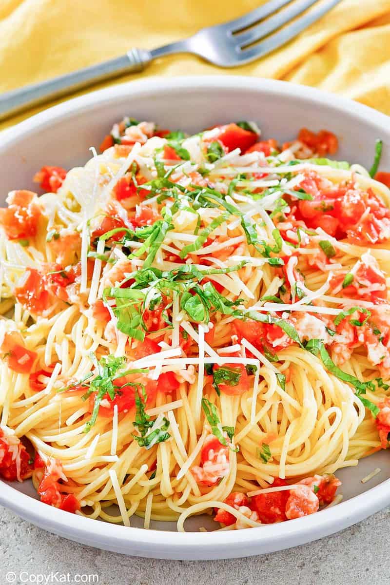 copycat Olive Garden Capellini Pomodoro and a fork