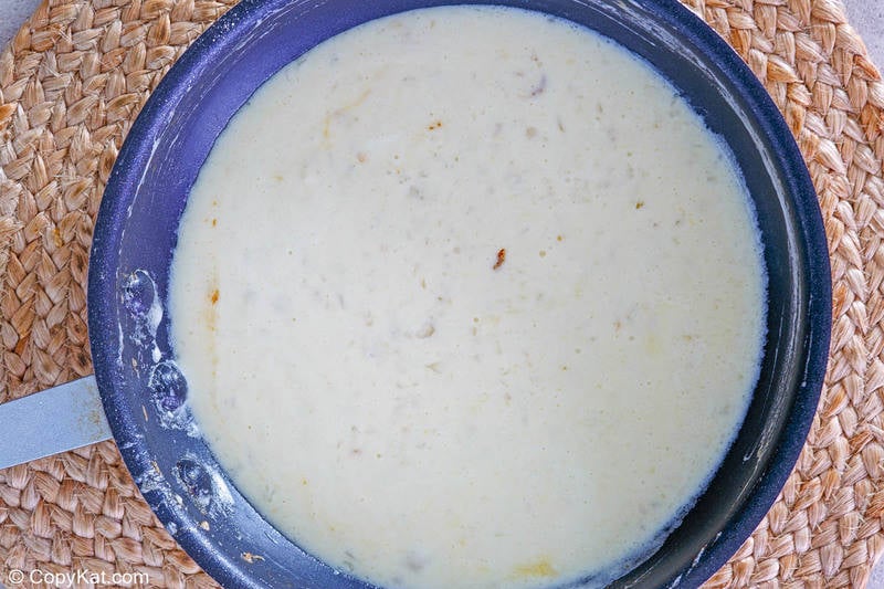 Olive Garden Sicilian Scampi sauce in a skillet