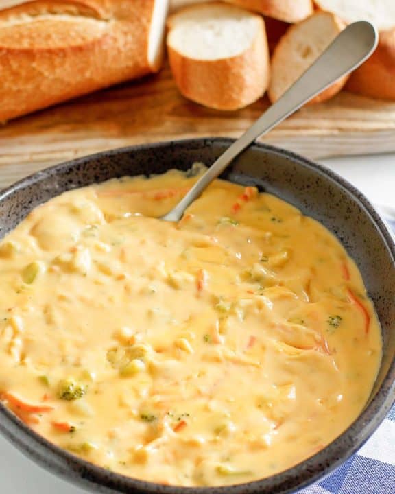 a bowl of homemade Panera broccoli cheddar cheese soup