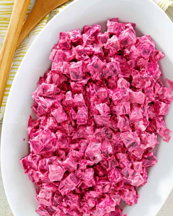 sour cream beet salad on a large platter