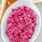 overhead view of sour cream beet salad on a platter