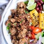 overhead view of a ground beef taco bowl