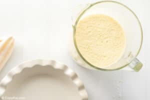 blended coconut custard ingredients and a pie plate