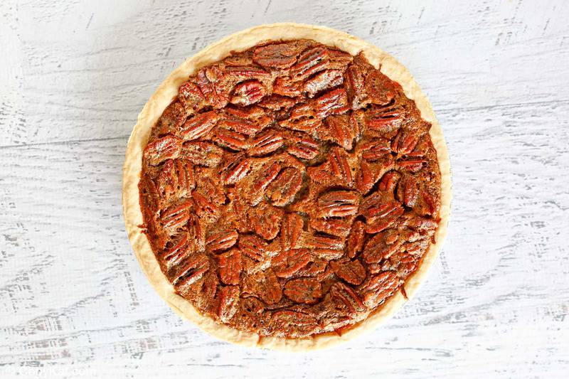 overhead view of a chocolate pecan pie