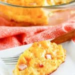 homemade Cracker Barrel ham and egg casserole on a plate and in a baking dish