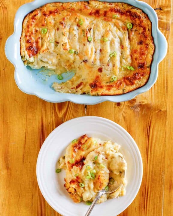baked potato casserole in a dish and on a plate