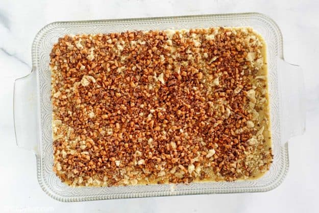 Heath bar cake in a pan before baking