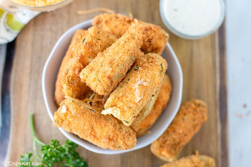overhead view of jalapeno poppers in a bowl
