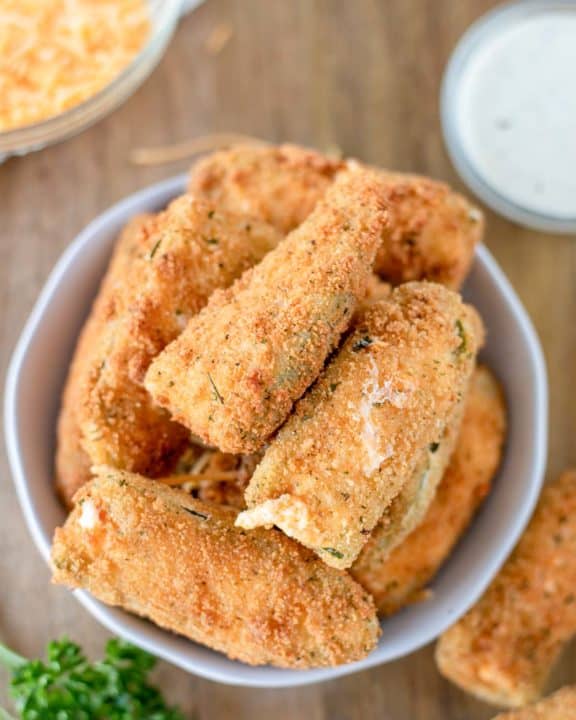 overhead view of a jalapeno poppers in a bowl