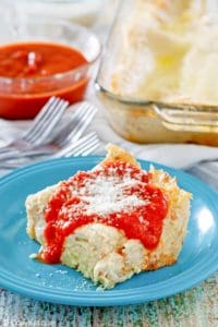 a serving of homemade Olive Garden 5 cheese lasagna on a plate
