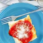 overhead view of a serving of homemade cheese lasagna