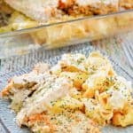 homemade Olive Garden Asiago Torgelloni Alfredo with chicken on a plate