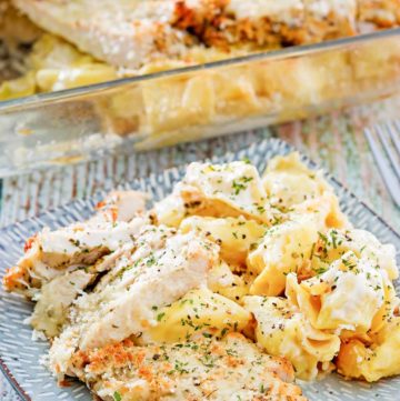 homemade Olive Garden Asiago Torgelloni Alfredo with chicken on a plate
