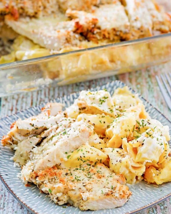 homemade Olive Garden Asiago Torgelloni Alfredo with chicken on a plate