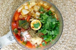 ingredients for Pappasito's salsa in a food processor