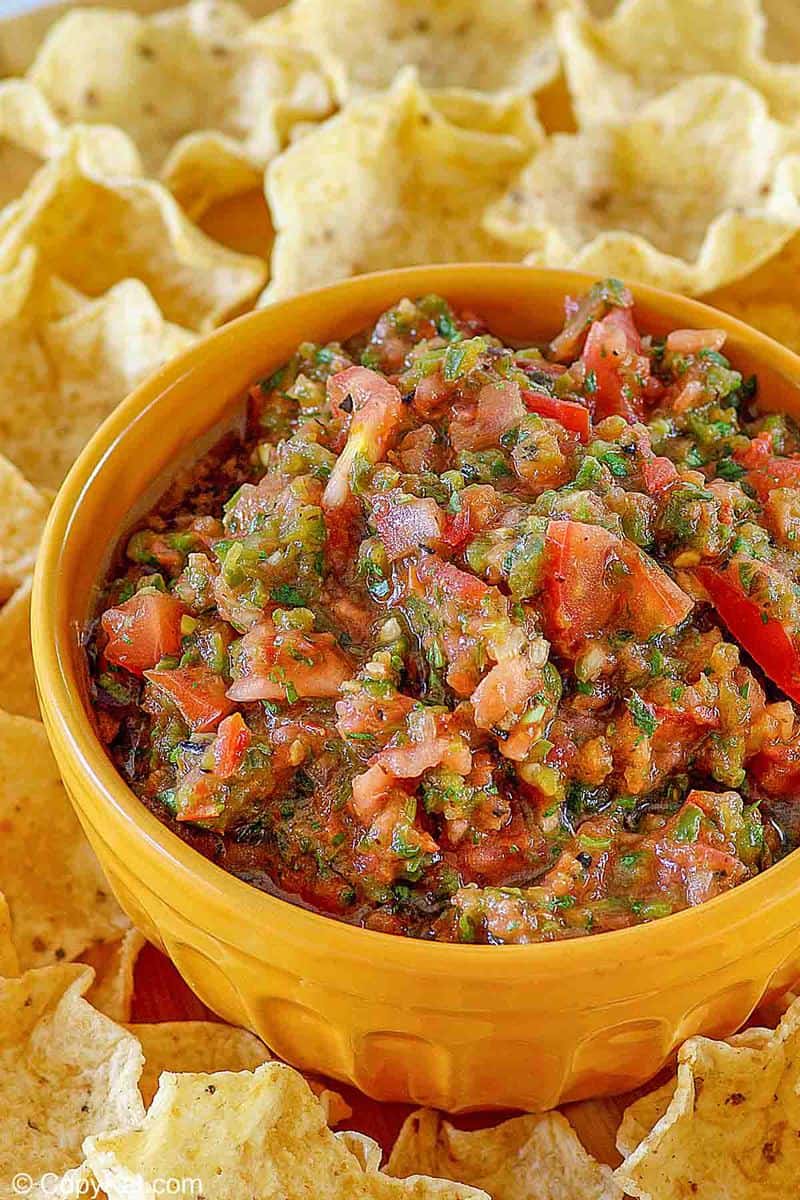 a bowl of homemade Pappasito's salsa and tortilla chips