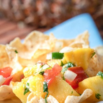 pineapple mango salsa on tortilla chips
