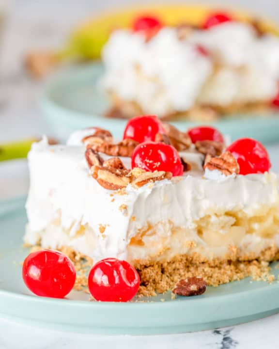 two slices of banana split cake