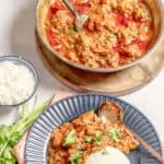 butter chicken in a pan and a bowl with rice