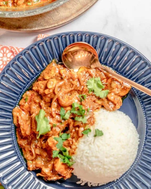 overhead view of butter chicken and rice in a bowl