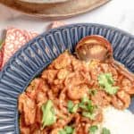 butter chicken, rice, and a spoon in a bowl