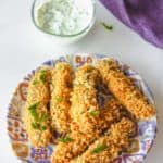 overhead view of homemade Disney fried pickles and ranch dipping sauce