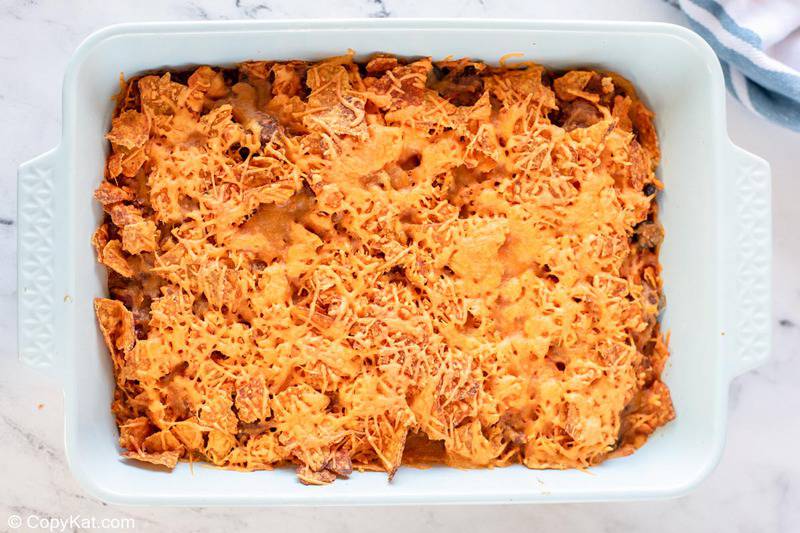 Dorito casserole in a baking dish