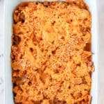 overhead view of Dorito casserole in a baking dish