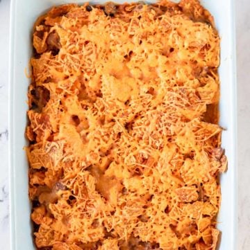 overhead view of Dorito casserole in a baking dish