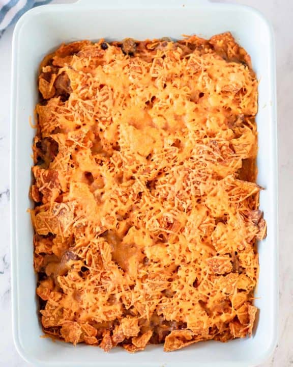 overhead view of Dorito casserole in a baking dish