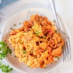 overhead view of Dorito casserole serving on a plate