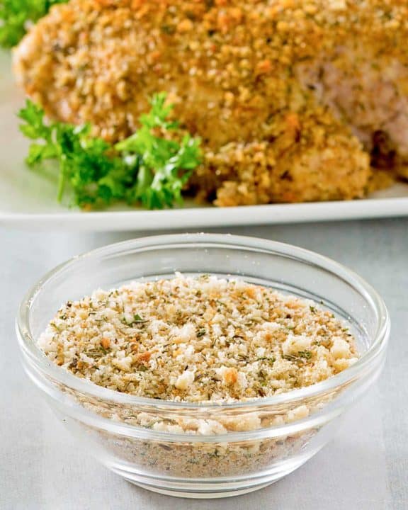 homemade Italian seasoned bread crumbs and a platter of breaded chicken