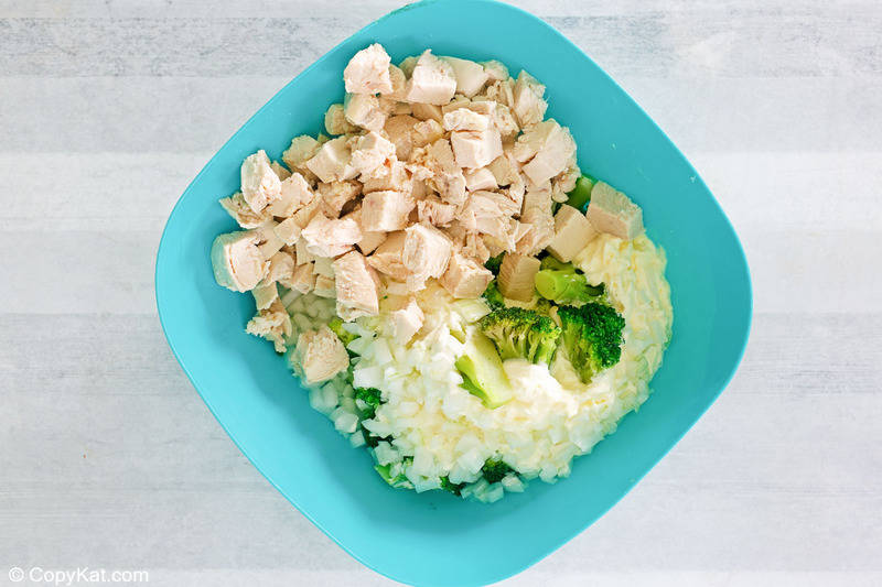 keto chicken divan casserole ingredients in a bowl