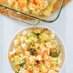overhead view of chicken divan casserole in a baking dish and in a bowl