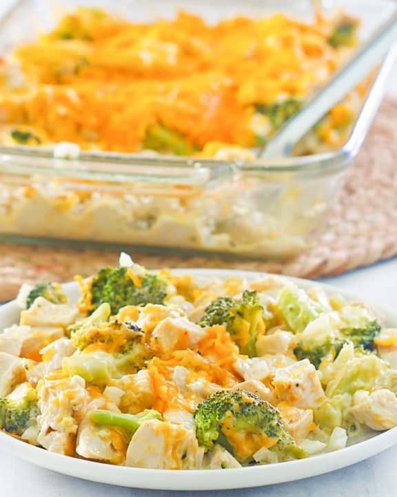 chicken divan casserole on a plate and in a baking dish