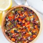 overhead view of homemade Panera black bean soup in a bowl