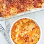 overhead view of peach dump cake in a baking dish and a bowl