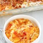 peach dump cake in a bowl and baking dish