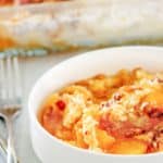 peach dump cake in a bowl