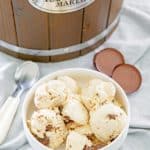 homemade peanut butter ice cream, peanut butter cups, and ice cream maker