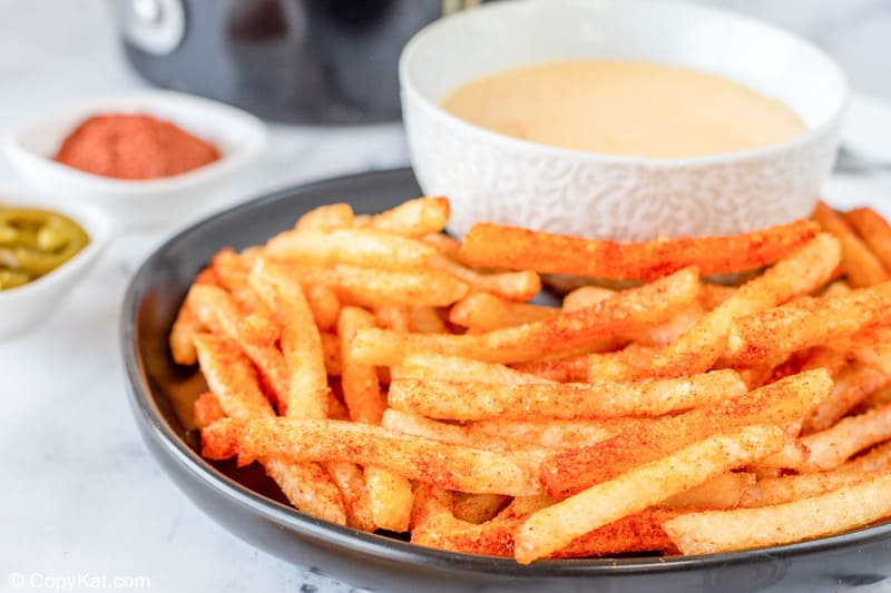 homemade Taco Bell nacho fries and queso cheese sauce on a plate